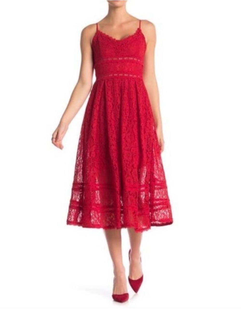 NSR Red Lace Midi Dress Spaghetti Straps Floral Sundress Sun M Party Travel Trip
